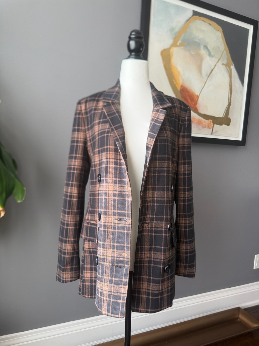 Honey Punch Double-Breasted Black and Brown Plaid Blazer